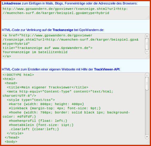 Track Viewer: generierter Link und Code