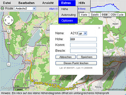 Der GPS Online Routen Planer in der Version 2 (Screenshot)